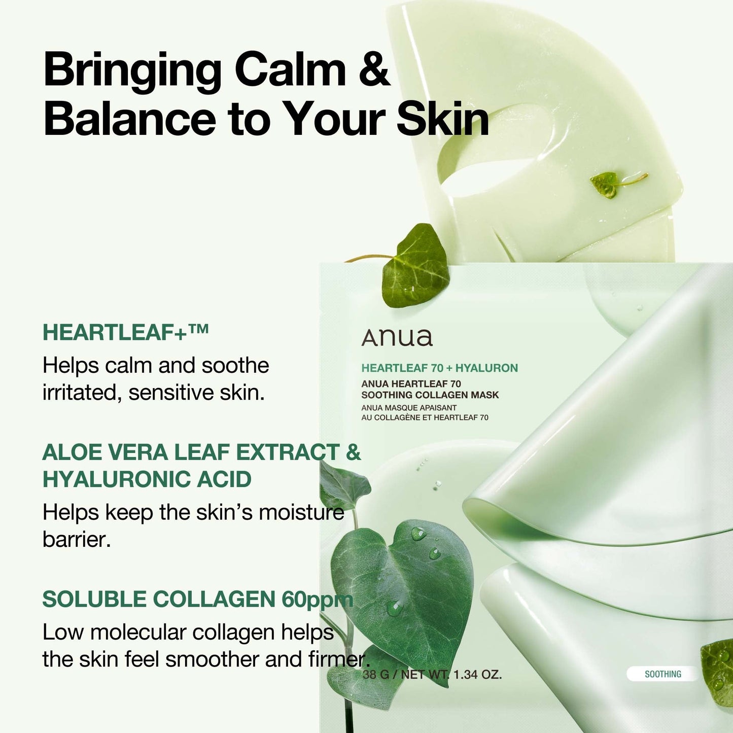 Anua - Heartleaf 70 Soothing Collagen Mask - Soothing Sheet mask with Collagen - 38g, Heartleaf